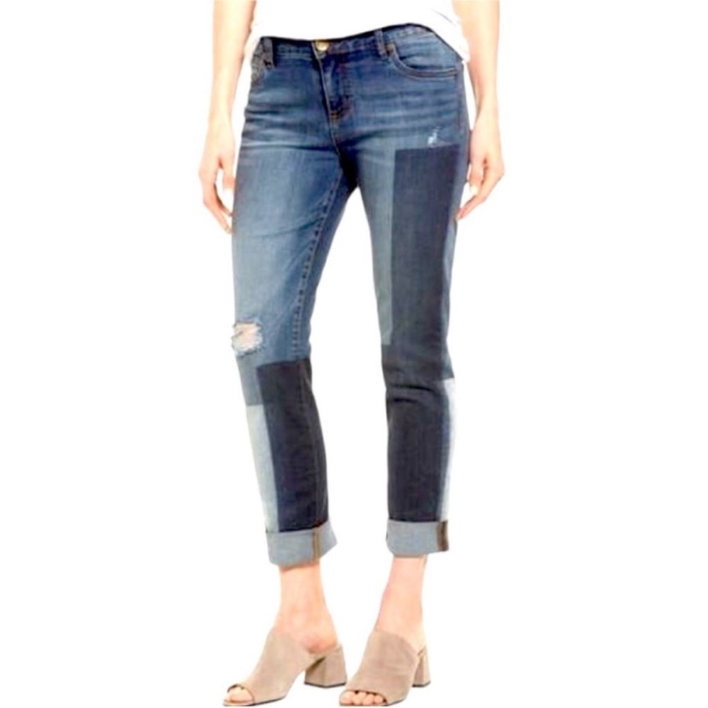 Kut From The Kloth Catherine Boyfriend Patchwork Denim Jeans size 12 Distressed